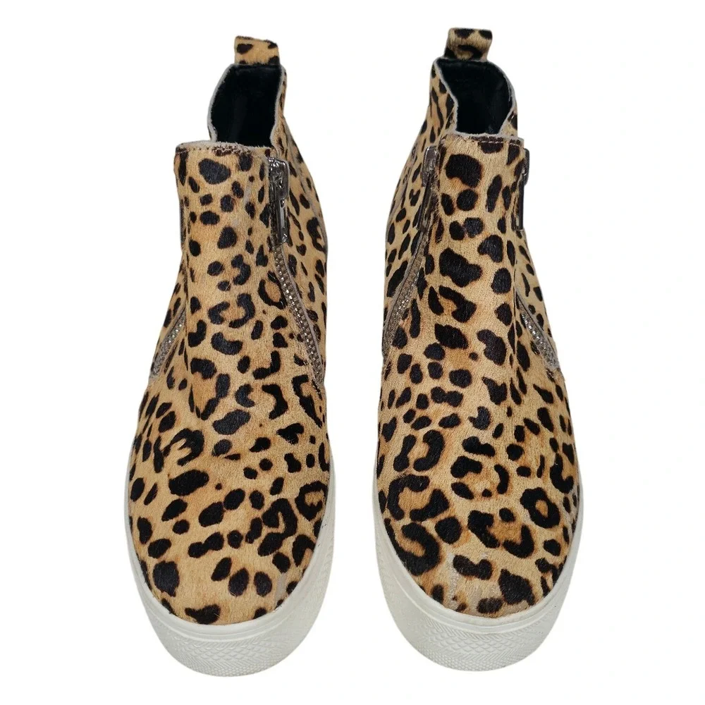 Steve Madden Wedgie Leopard Cow Hair Leather Hidden Wedge Zip Up Sneakers 8M